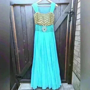 Indian Inspired Aqua Emerald Cinderella Dress with Tulle & Crystals - size Small